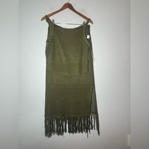 House of Harlow matching set green crotchet knit tank n fringe skirt size L NEW